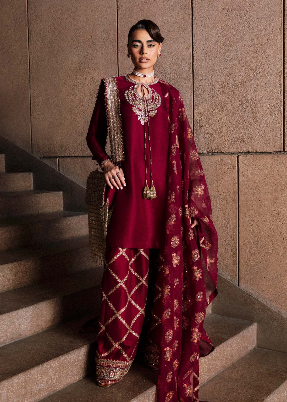 Hussain Rehar Merlot burgundy raw silk outfit full front view