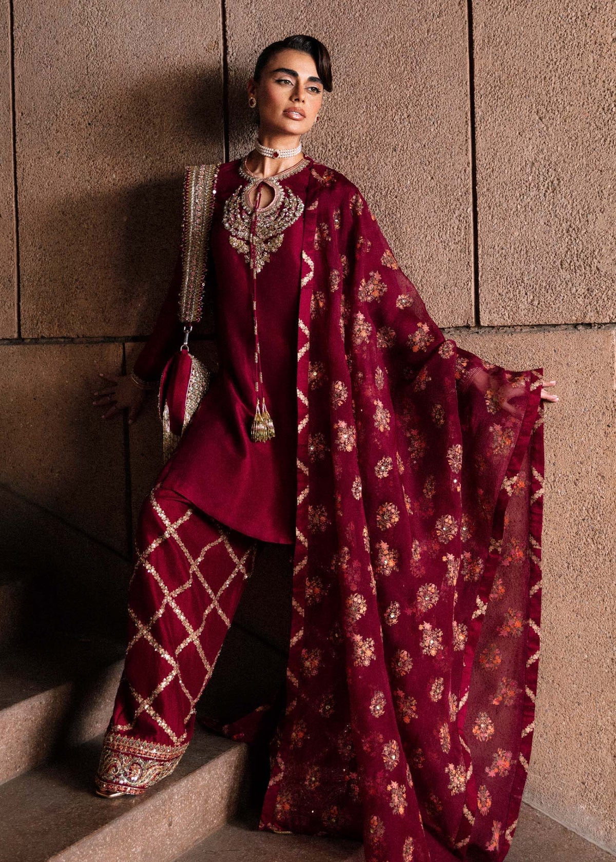 Hussain Rehar Merlot burgundy outfit alternate view