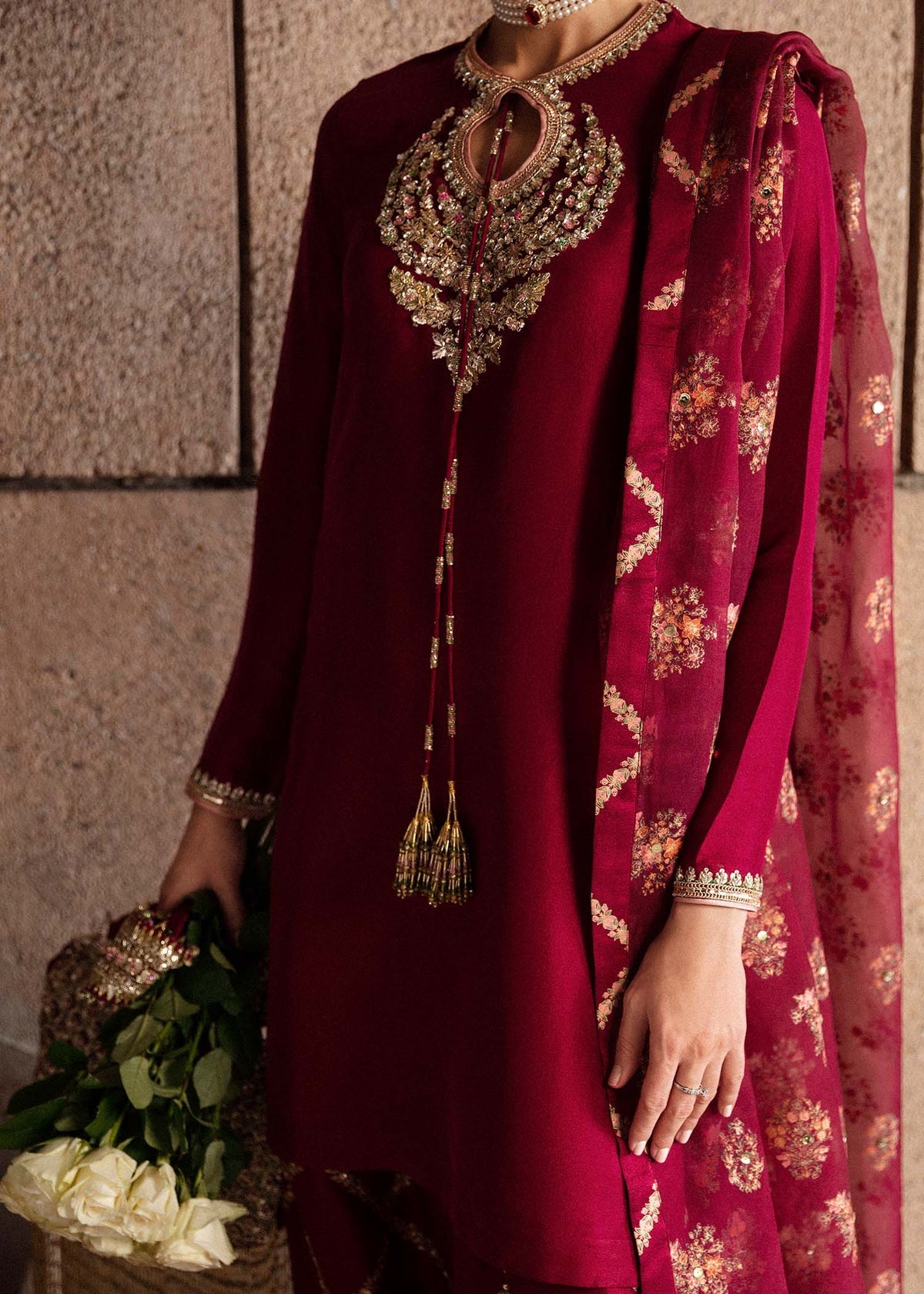Hussain Rehar Merlot burgundy outfit and organza dupatta view