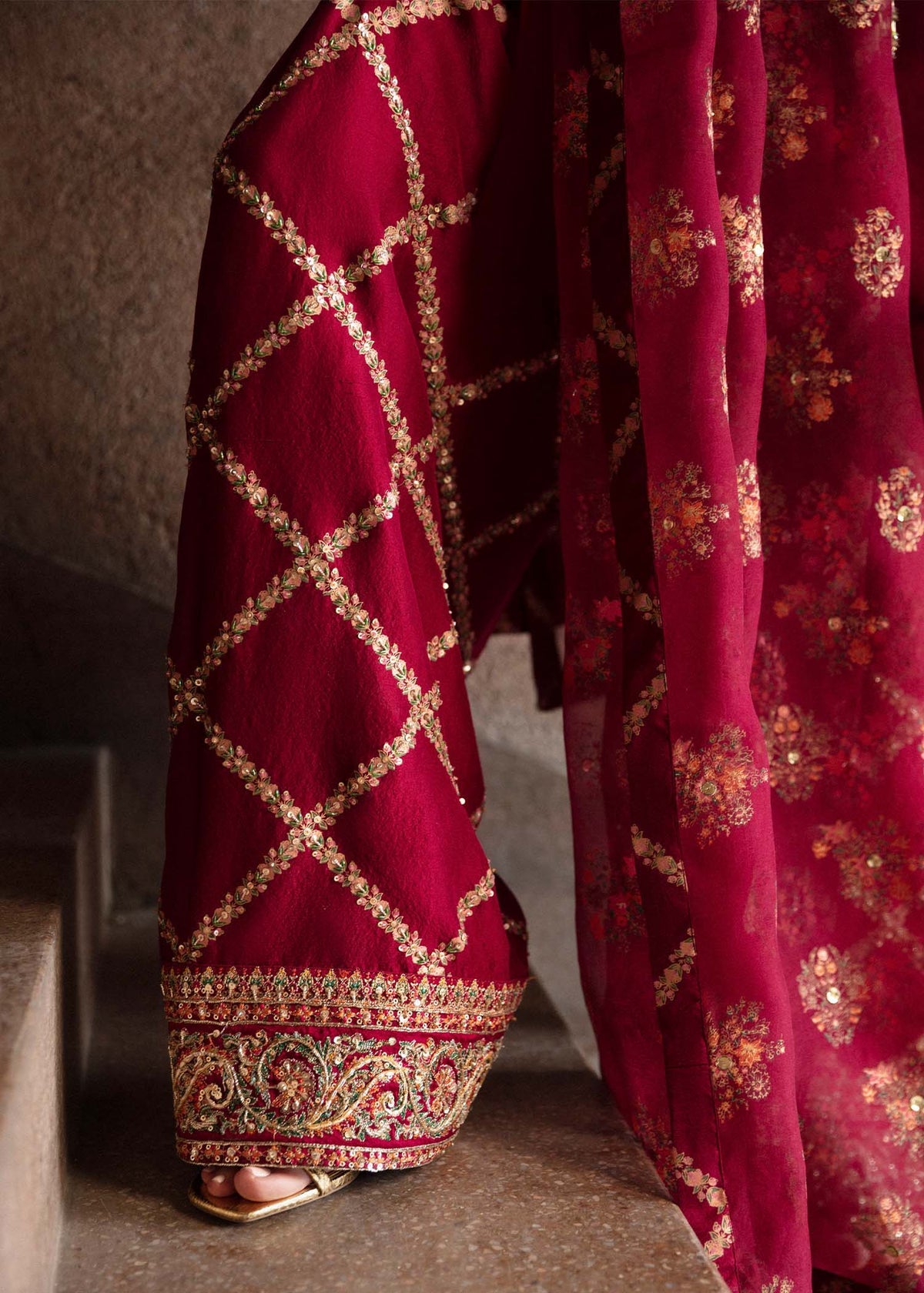 Hussain Rehar Merlot burgundy embellished shirt and shalwar view