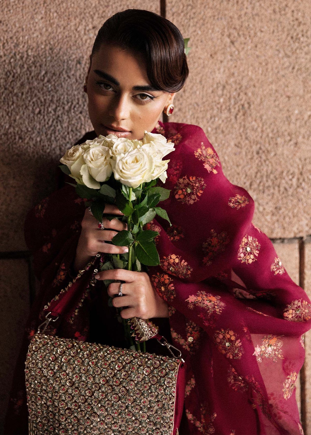 Hussain Rehar Merlot neckline and beadwork detail