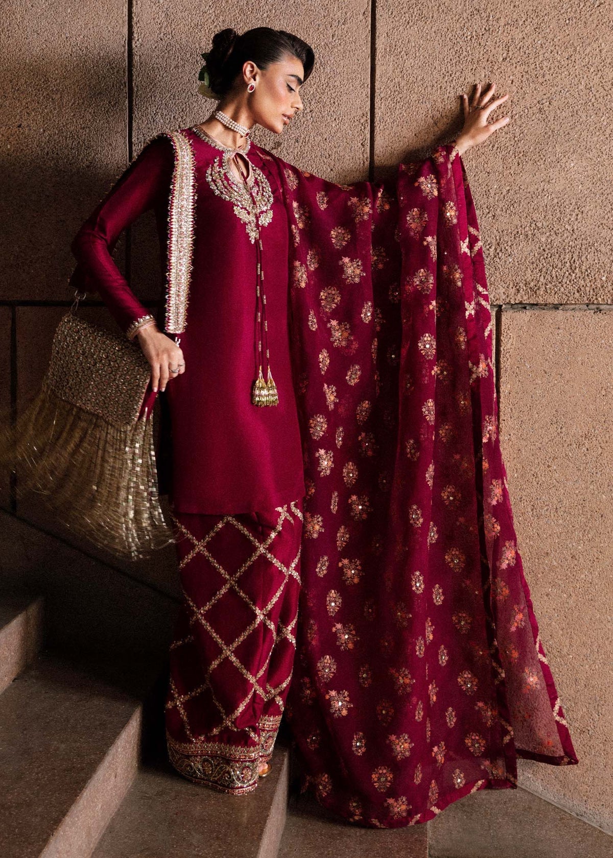 Hussain Rehar Merlot embroidered shalwar detail