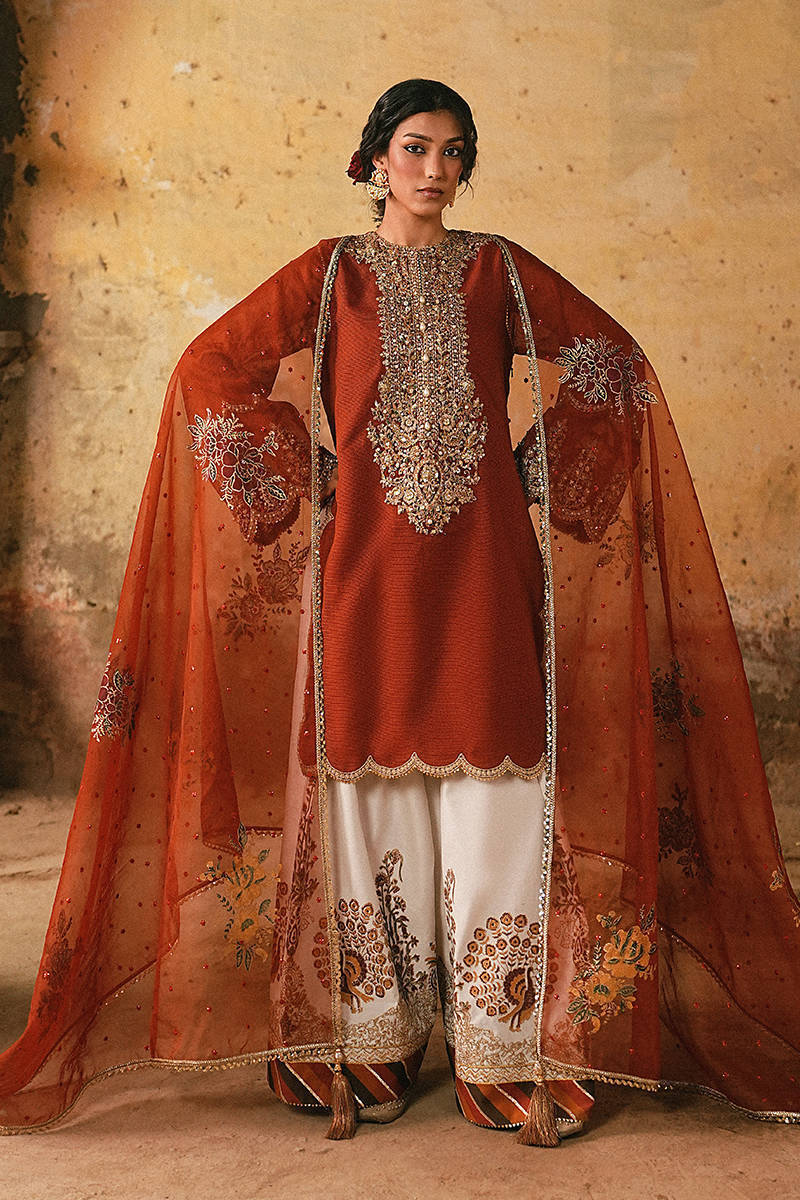 Mohsin Naveed Ranjha Shabnam-e-Bahar rust-orange — full front, design reference