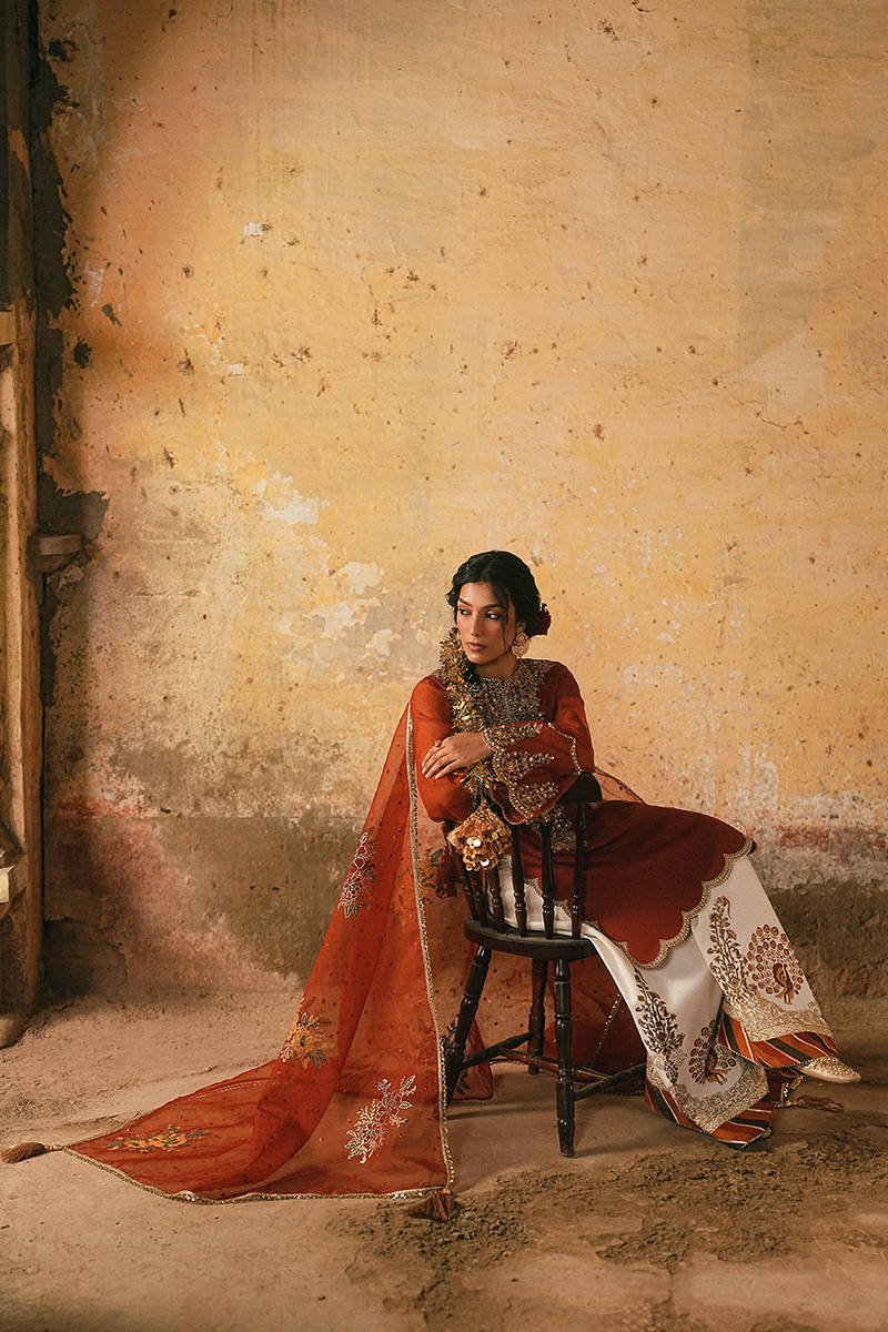 Mohsin Naveed Ranjha Shabnam-e-Bahar rust-orange — seated dupatta view, design reference