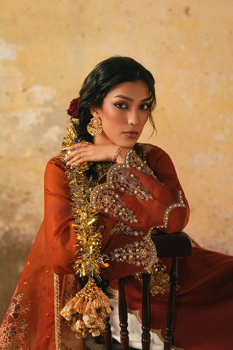 Mohsin Naveed Ranjha Shabnam-e-Bahar rust-orange — sleeve detail, design reference