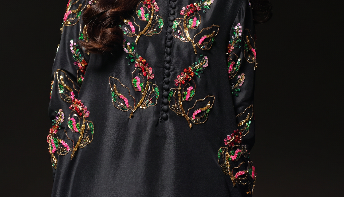 Muse Luxe black crystal sequin silk maxi embellishment and bodice detail