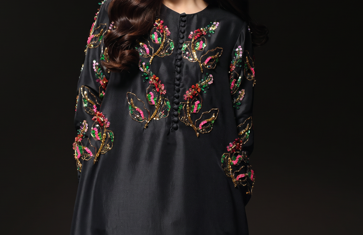 Muse Luxe black crystal sequin silk maxi garment detail