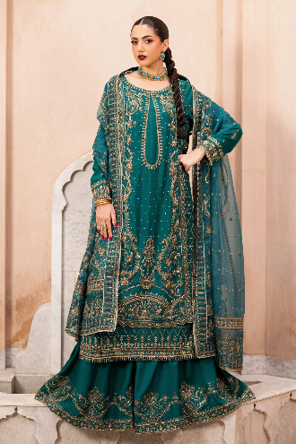 Naqshi Gul-e-Rimal Style zinc green raw silk formal outfit front view