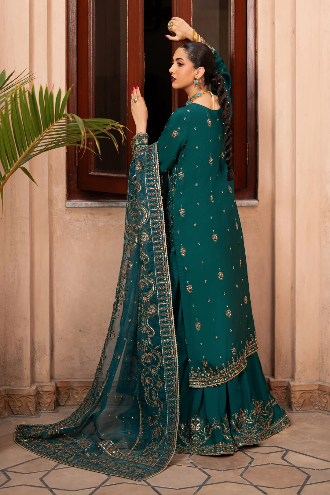 Naqshi Gul-e-Rimal Style zinc green raw silk outfit back view with organza dupatta