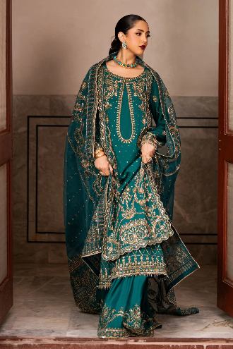 Naqshi Gul-e-Rimal Style zinc green embroidered shirt and sharara three-quarter view