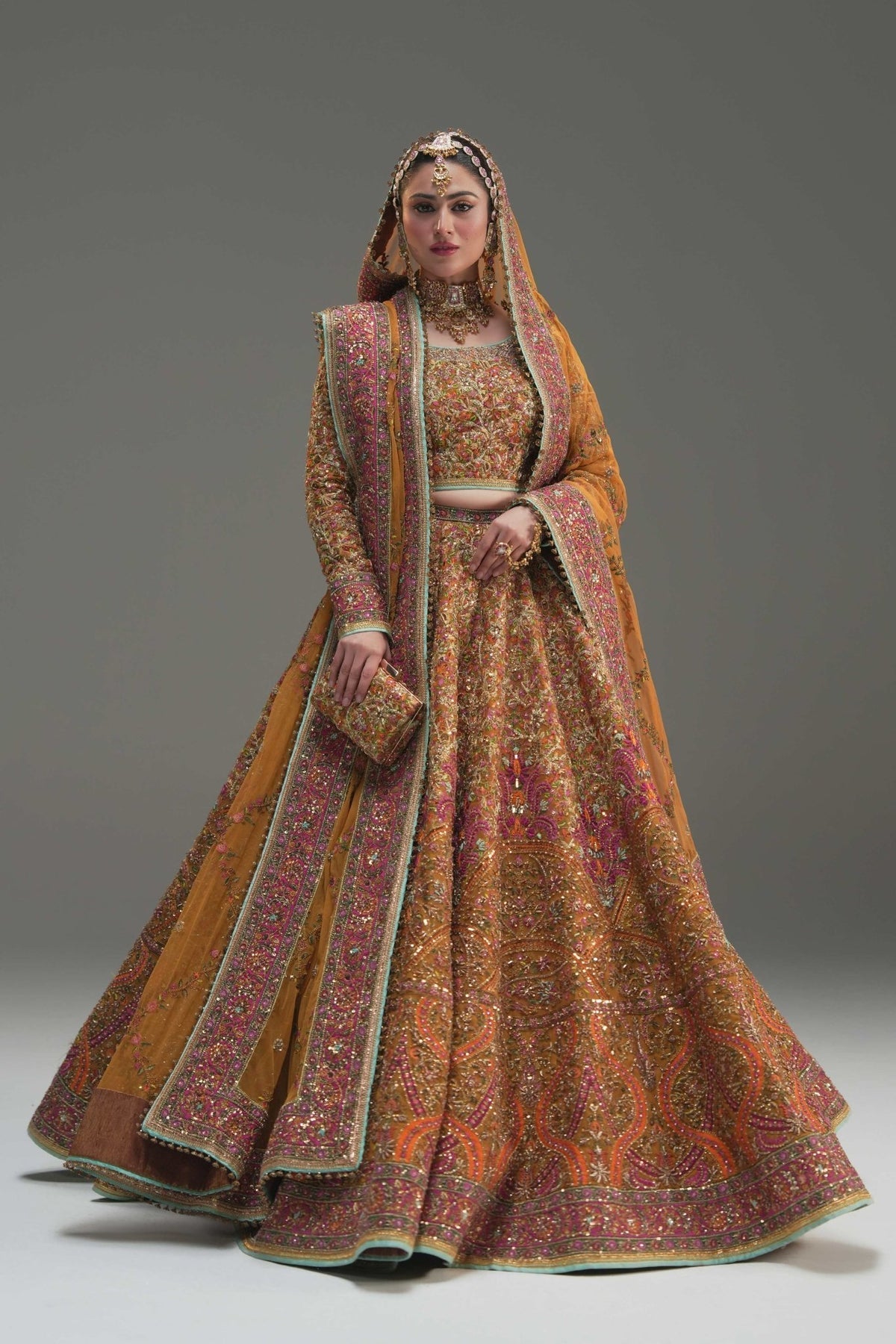 Fahad Hussayn Naugul style yellow bridal lehenga choli — Mairaz reproduction, view 3 of 8