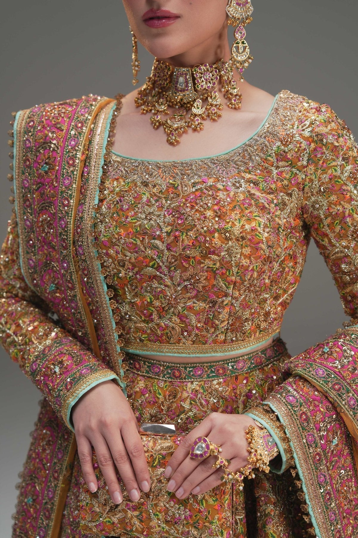 Fahad Hussayn Naugul style yellow bridal lehenga choli — Mairaz reproduction, view 4 of 8