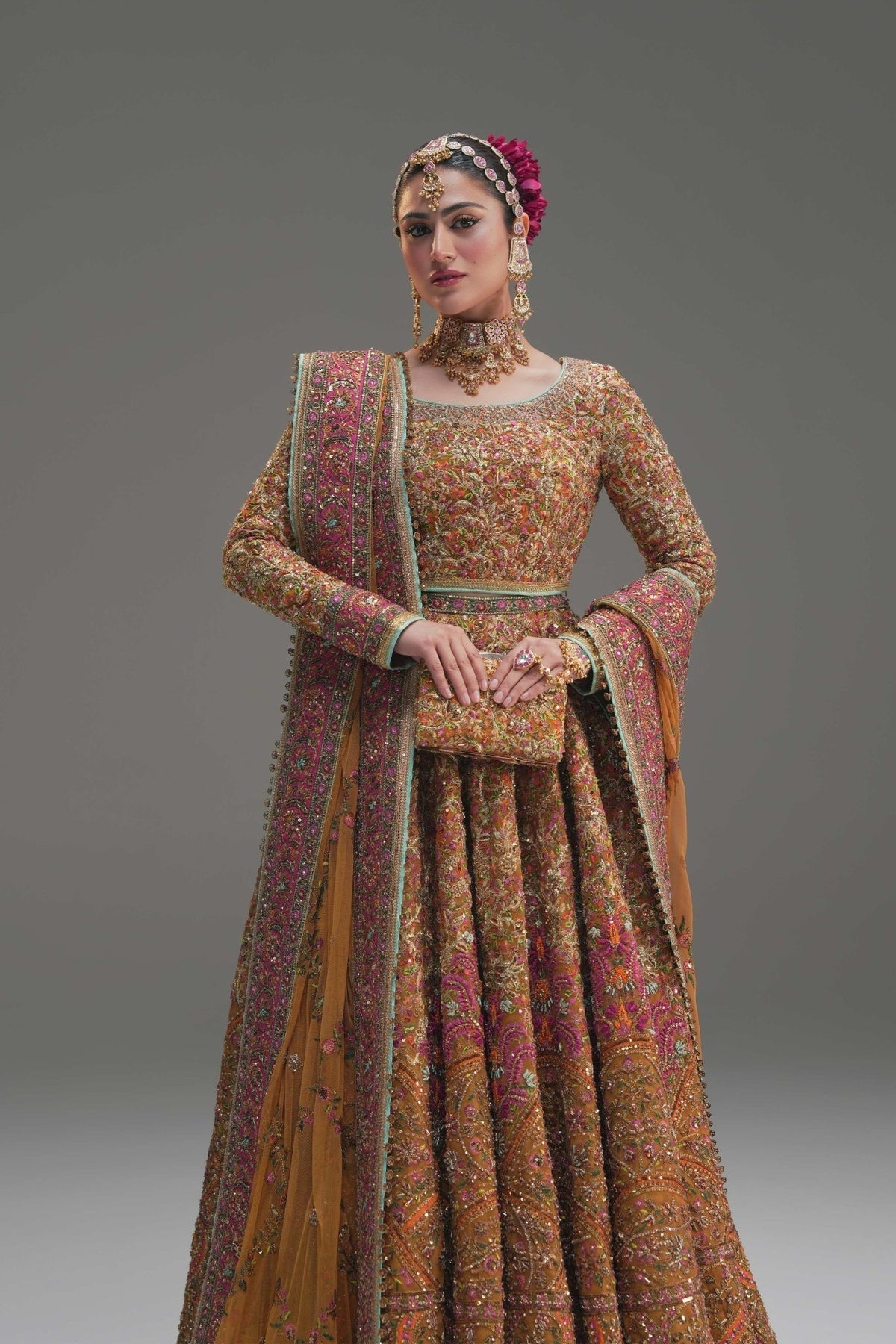 Fahad Hussayn Naugul style yellow bridal lehenga choli — Mairaz reproduction, view 5 of 8