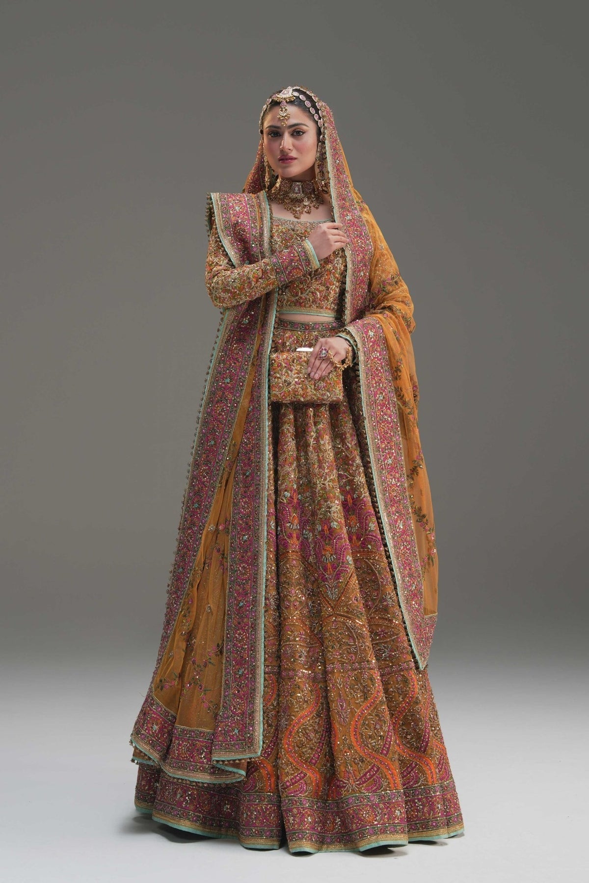 Fahad Hussayn Naugul style yellow bridal lehenga choli — Mairaz reproduction, view 6 of 8