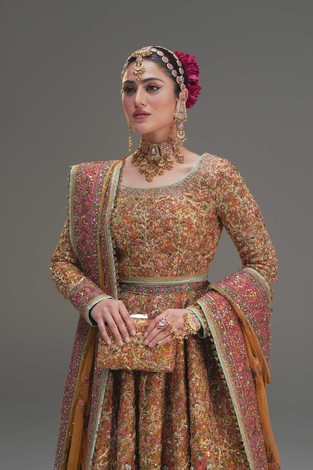Fahad Hussayn Naugul style yellow bridal lehenga choli — Mairaz reproduction, view 8 of 8