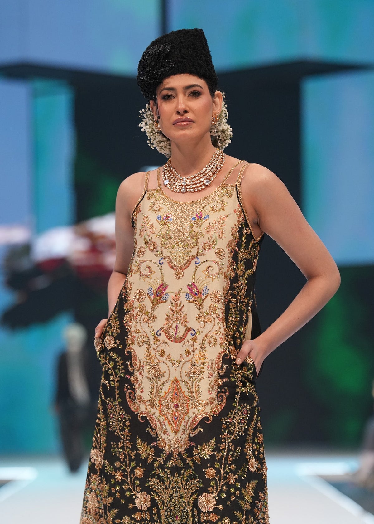 Saira Shakira Noir Sable Style gold and silver embellished raw silk kaftan detail