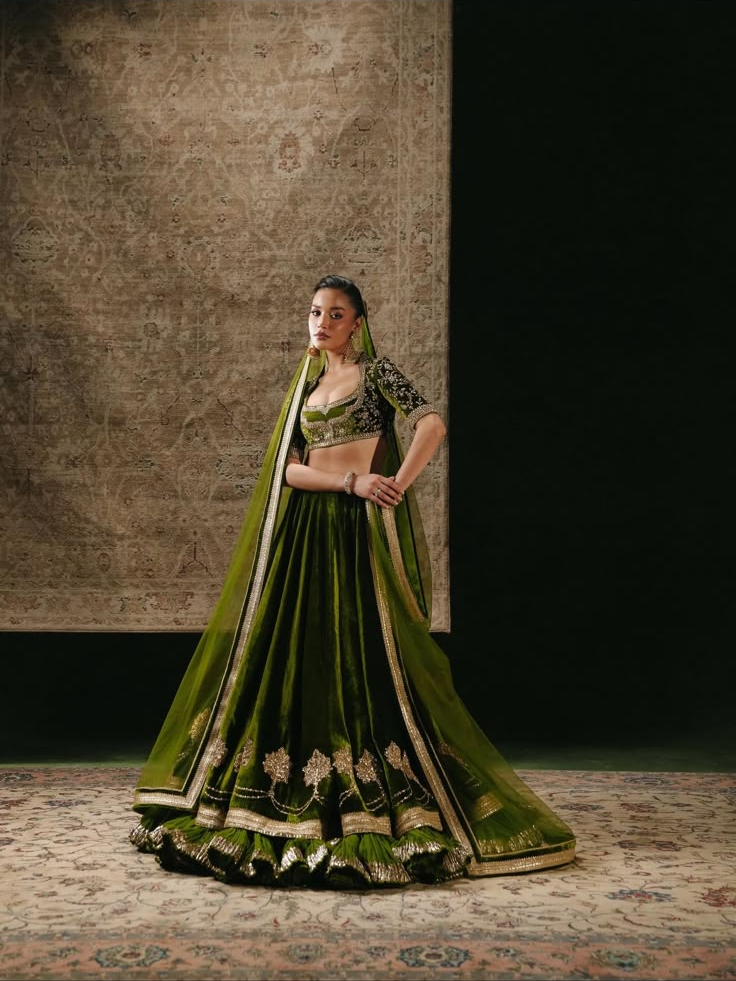 Olive Noor Velvet by MAIRAZ — full-length front view with dupatta and embroidered hem; design reference