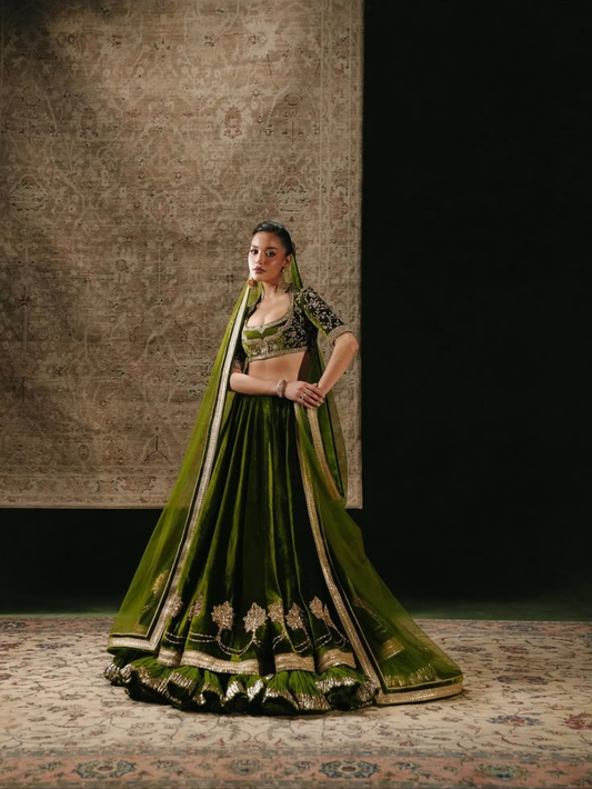 Olive Noor Velvet by MAIRAZ — full-length front view with dupatta and embroidered hem; design reference