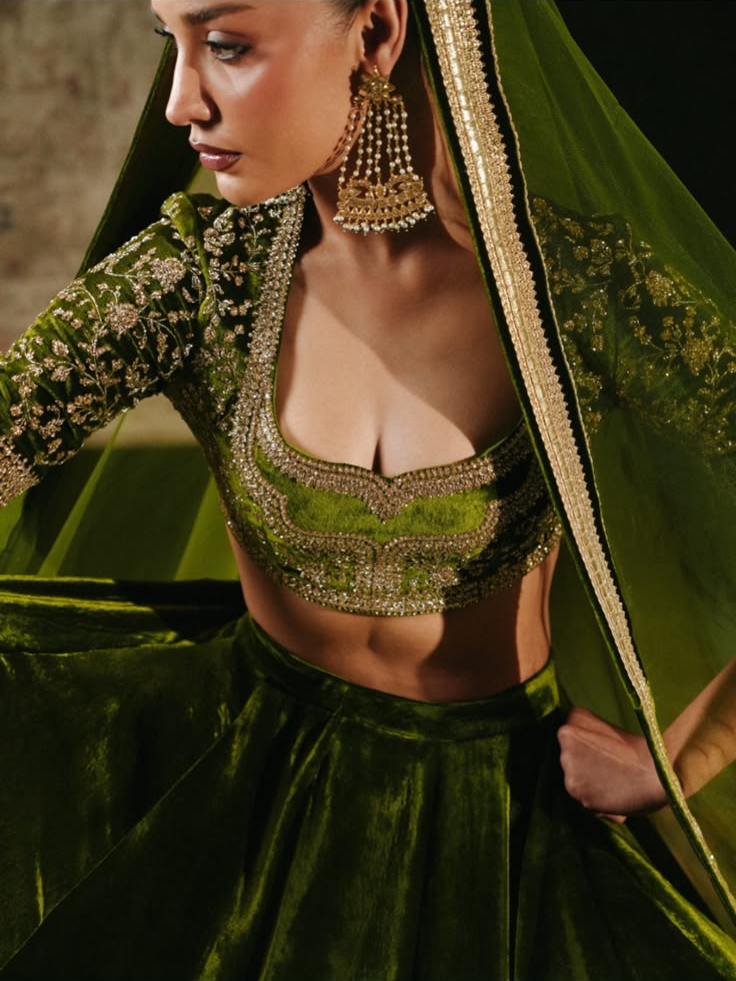 Olive Noor Velvet by MAIRAZ — close-up of choli neckline and gold-toned embellishment; design reference