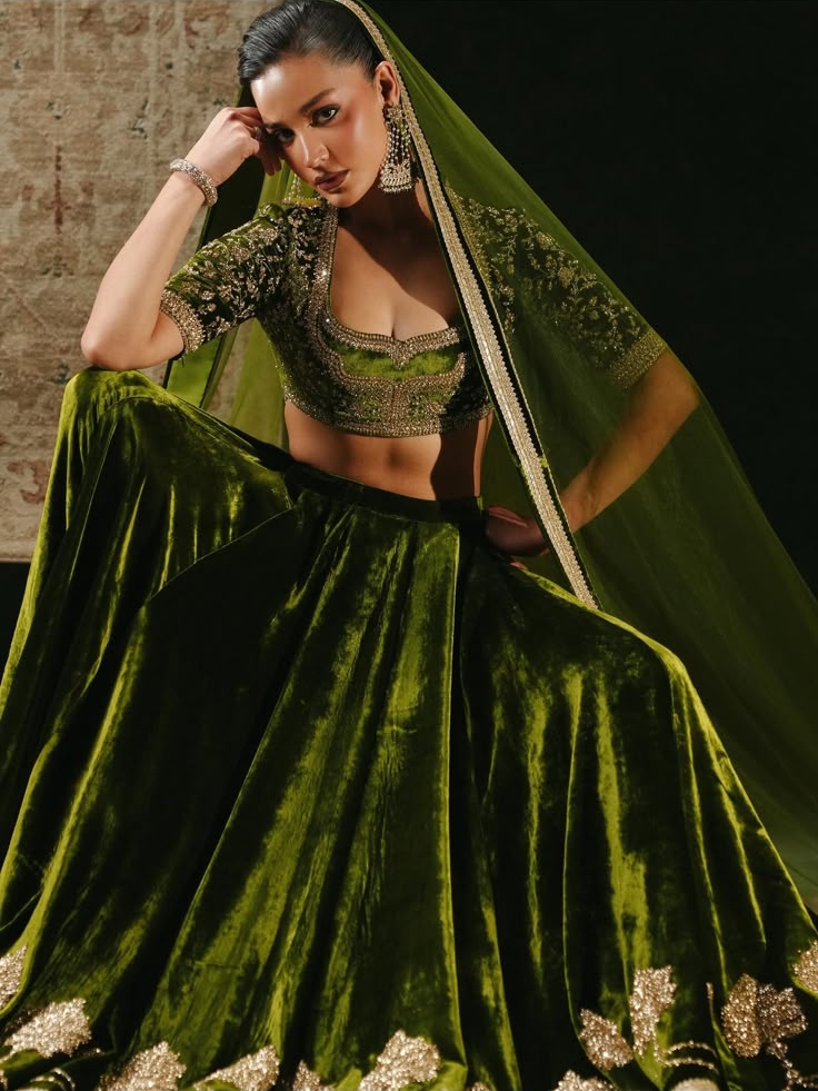 Olive Noor Velvet by MAIRAZ — seated view of velvet skirt and sheer dupatta; design reference