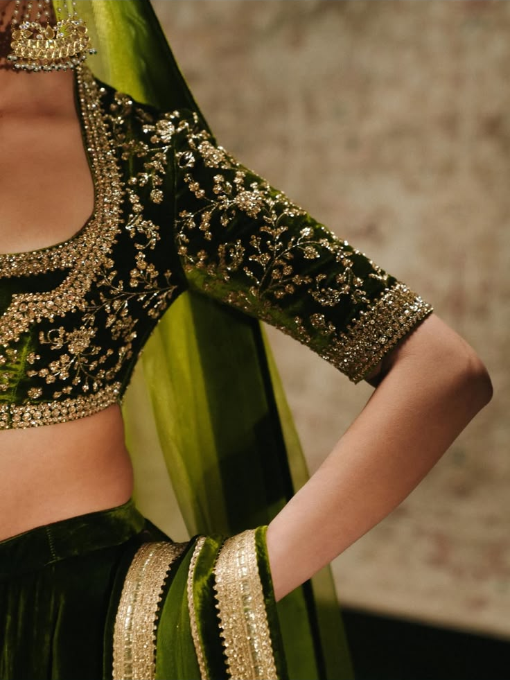 Olive Noor Velvet by MAIRAZ — close-up of floral sleeve embroidery and dupatta edging; design reference