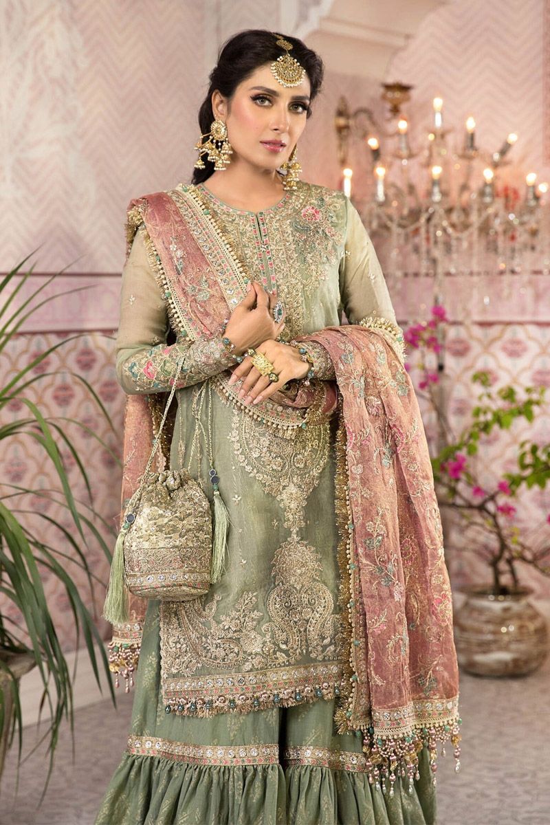 Maria B BD-2205 Style — Mairaz Pistachio & Salmon Pink Gharara