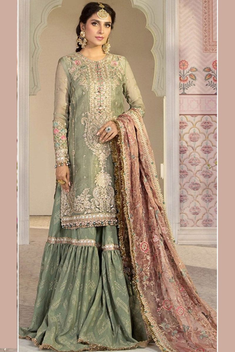 Maria B BD-2205 Style — Mairaz Pistachio & Salmon Pink Gharara
