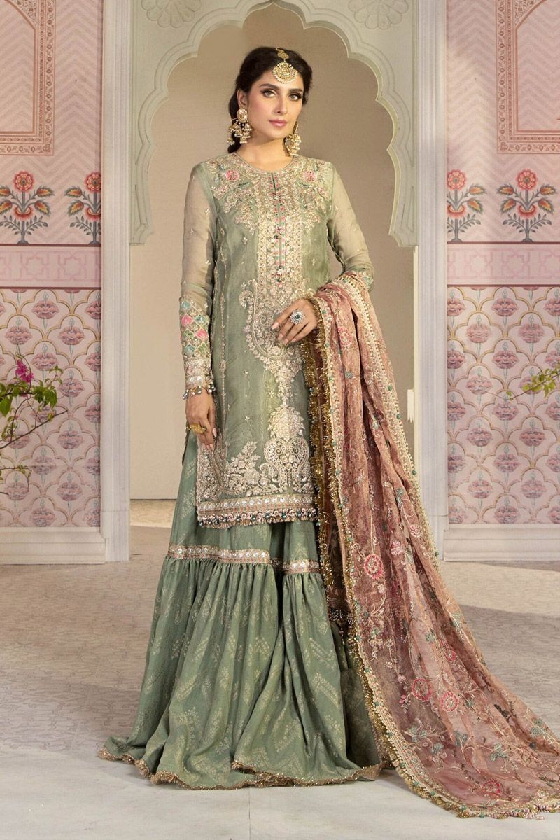 Maria B BD-2205 Style — Mairaz Pistachio & Salmon Pink Gharara
