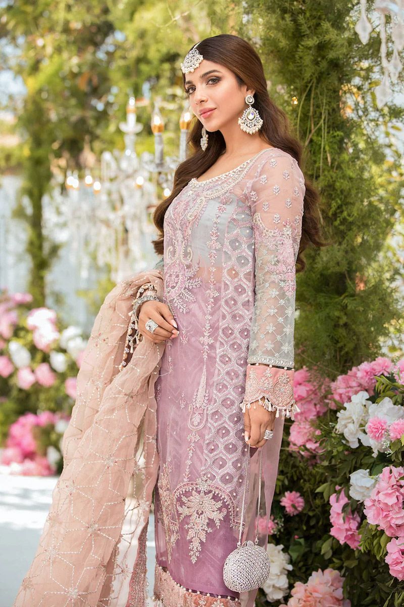 Maria B BD-2105 Style — Mairaz Lilac Pink & Blue-Grey Trouser Suit