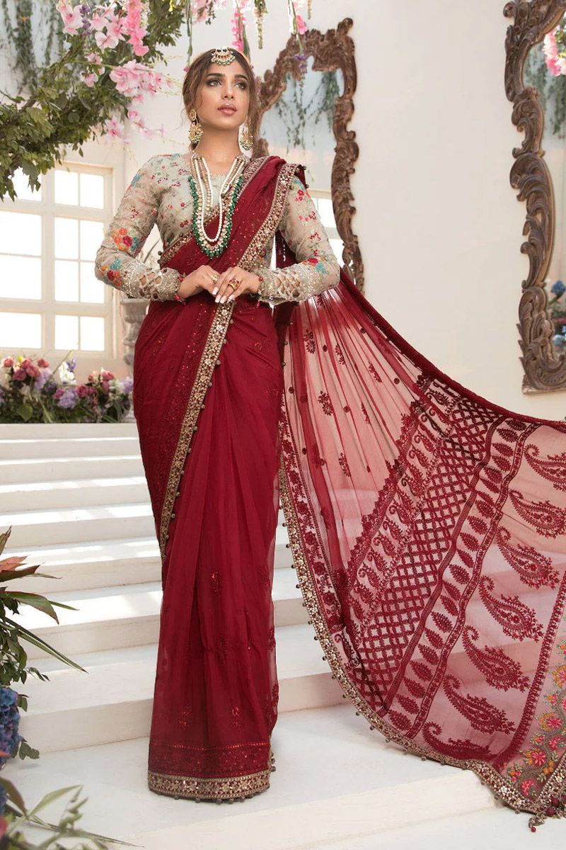 Maria B BD-2107 Style — Mairaz Deep Red & Beige Embroidered Saree