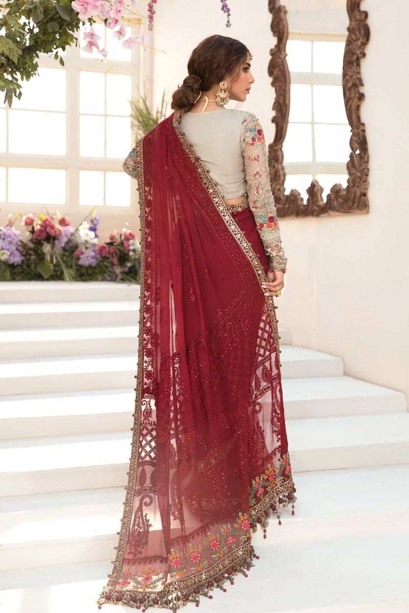 Maria B BD-2107 Style — Mairaz Deep Red & Beige Embroidered Saree