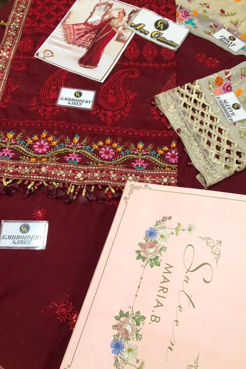 Maria B BD-2107 Style — Mairaz Deep Red & Beige Embroidered Saree