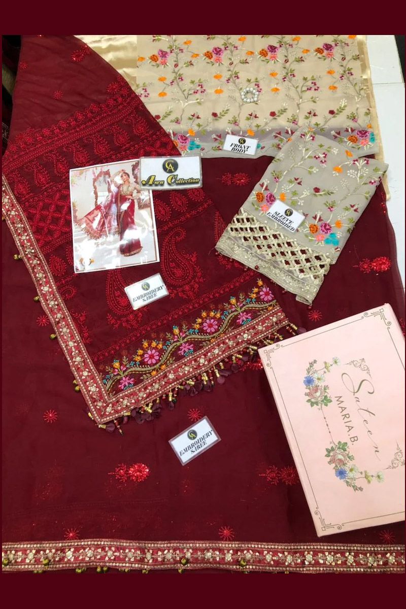 Maria B BD-2107 Style — Mairaz Deep Red & Beige Embroidered Saree