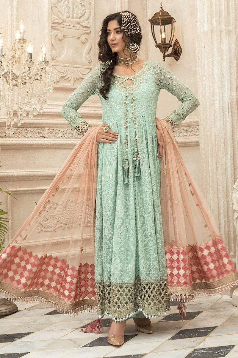 Maria B BD-1908 Style — Mairaz Sea Green Embroidered Long Frock