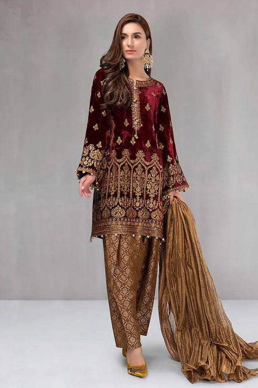 Maria B BD-0018 Style — Mairaz Maroon Velvet Suit