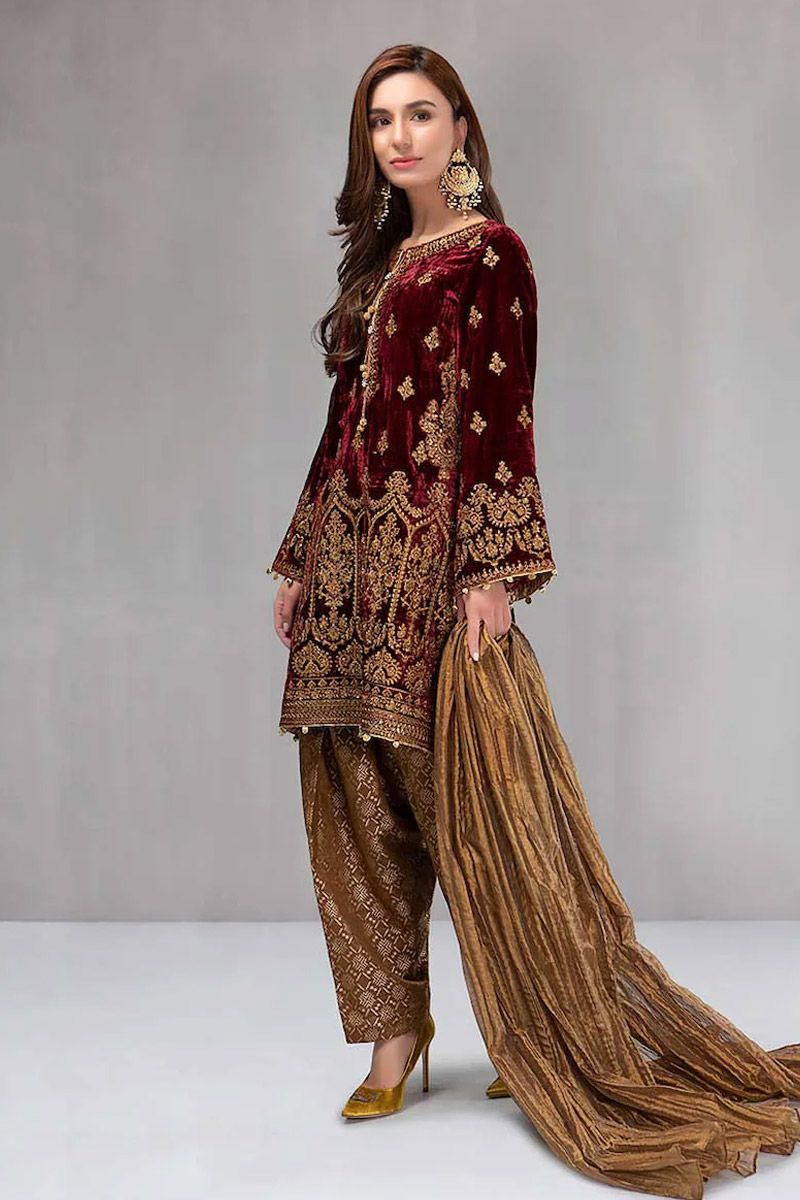Maria B BD-0018 Style — Mairaz Maroon Velvet Suit