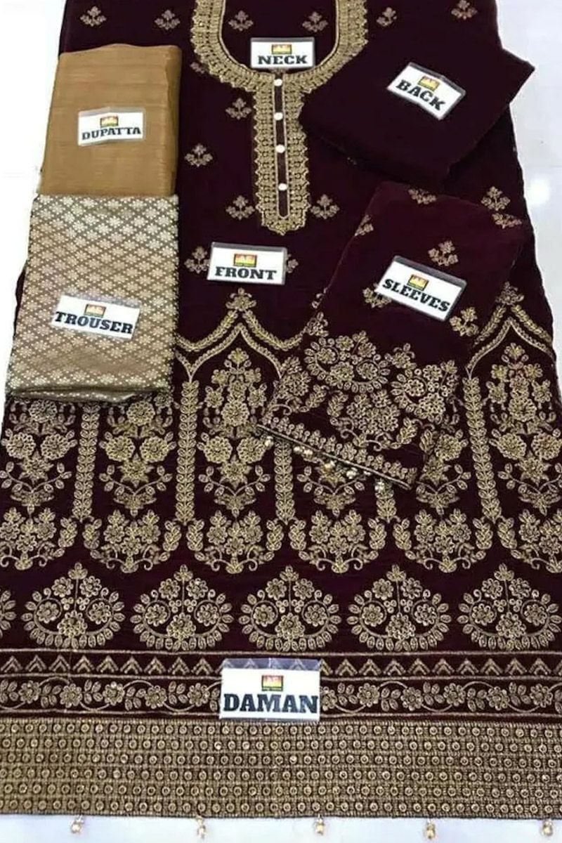 Maria B BD-0018 Style — Mairaz Maroon Velvet Suit