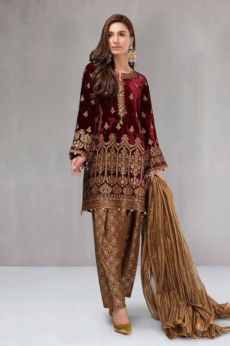 Maria B BD-0018 Style — Mairaz Maroon Velvet Suit