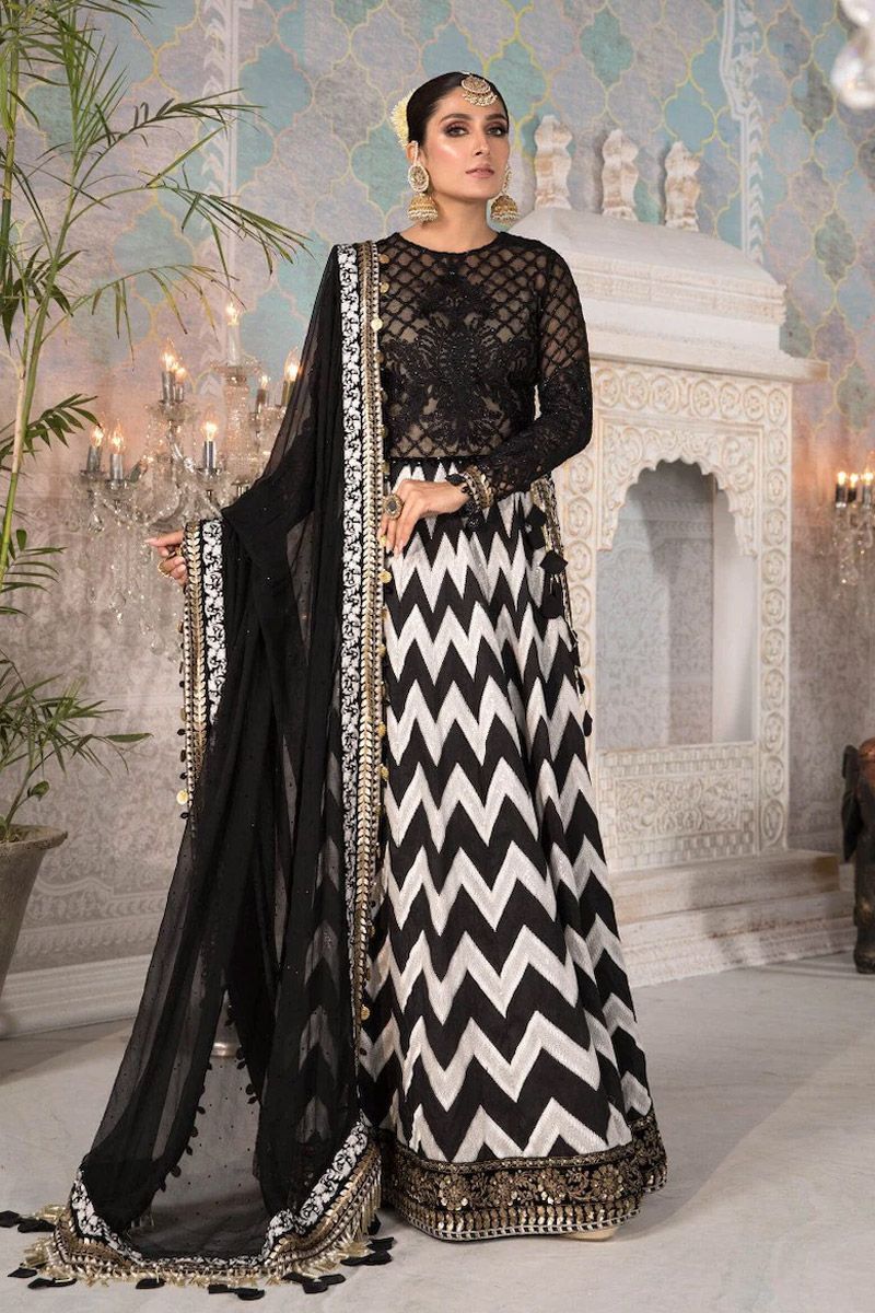 Maria B BD-2203 Style — Mairaz Black, White & Gold Long Frock