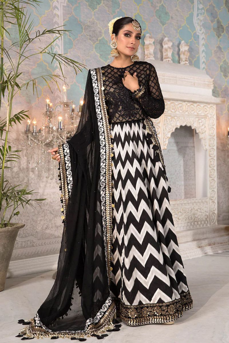 Maria B BD-2203 Style — Mairaz Black, White & Gold Long Frock
