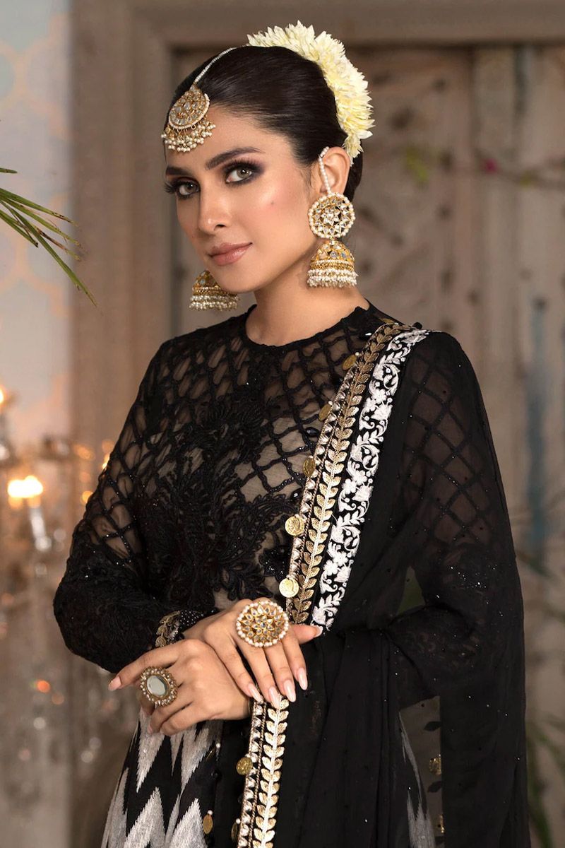 Maria B BD-2203 Style — Mairaz Black, White & Gold Long Frock