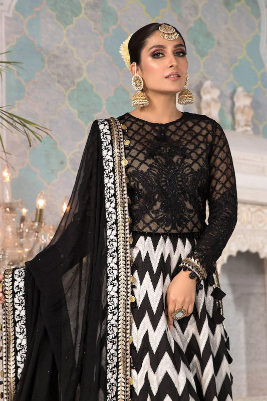 Maria B BD-2203 Style — Mairaz Black, White & Gold Long Frock