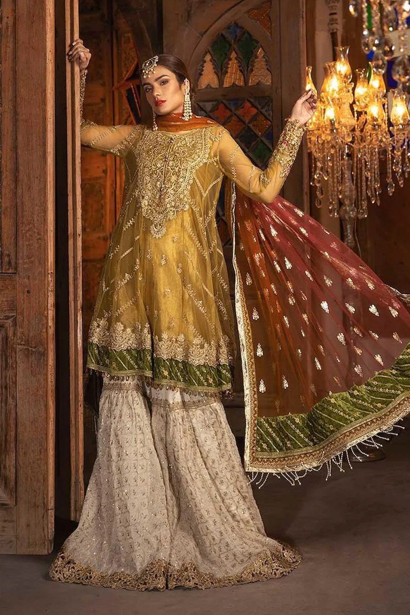 Maria B BD-1708 Style — Mairaz Mustard, Fuchsia & Off-White Gharara