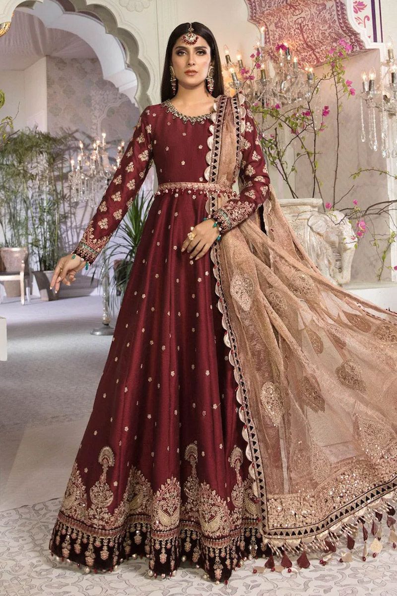 Maria B BD-2204 Style — Mairaz Maroon & Salmon Pink Long Frock