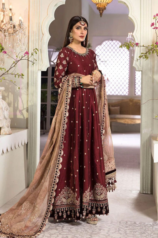 Maria B BD-2204 Style — Mairaz Maroon & Salmon Pink Long Frock