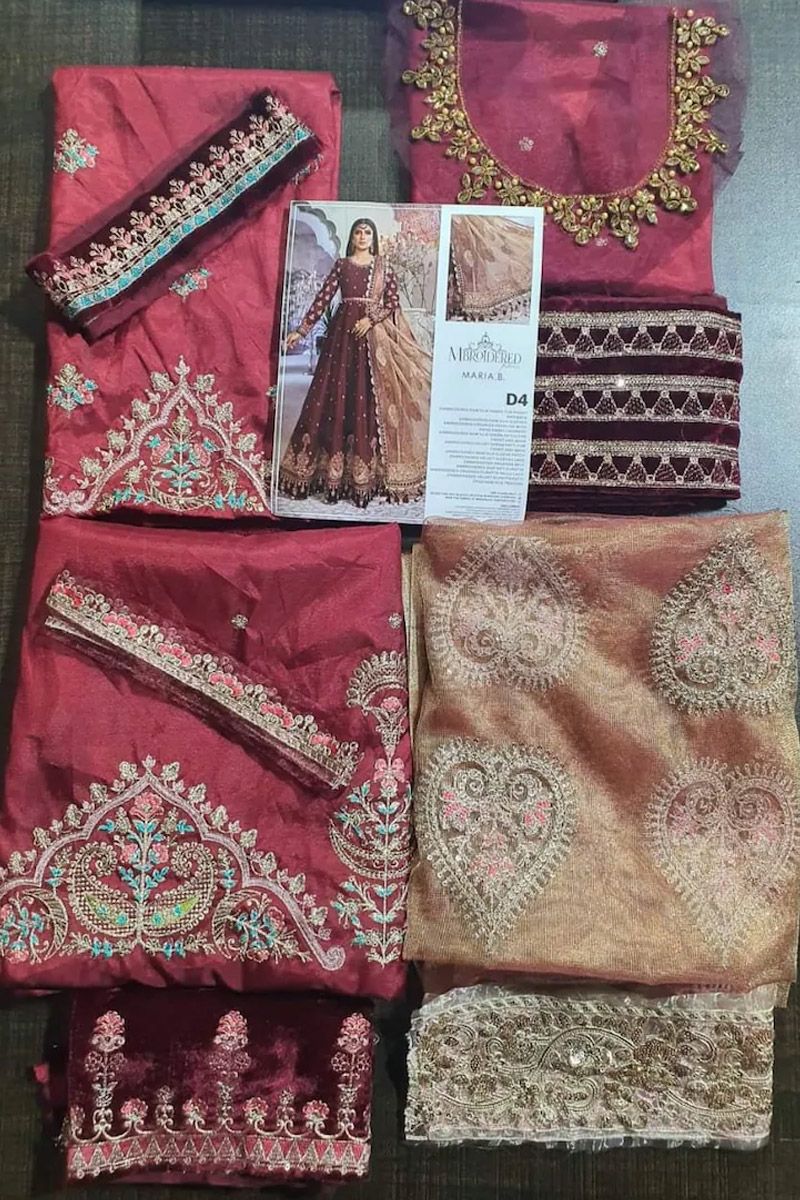 Maria B BD-2204 Style — Mairaz Maroon & Salmon Pink Long Frock