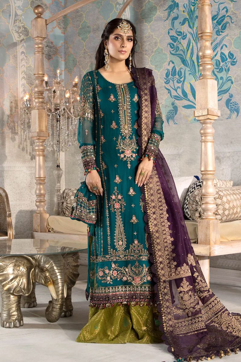 Maria B BD-2202 Style — Mairaz Teal, Olive & Purple Kameez & Trouser