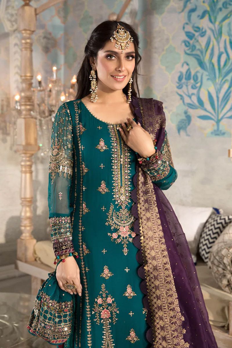 Maria B BD-2202 Style — Mairaz Teal, Olive & Purple Kameez & Trouser