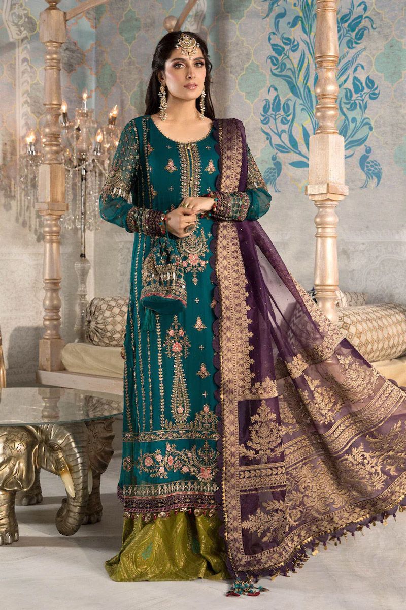 Maria B BD-2202 Style — Mairaz Teal, Olive & Purple Kameez & Trouser