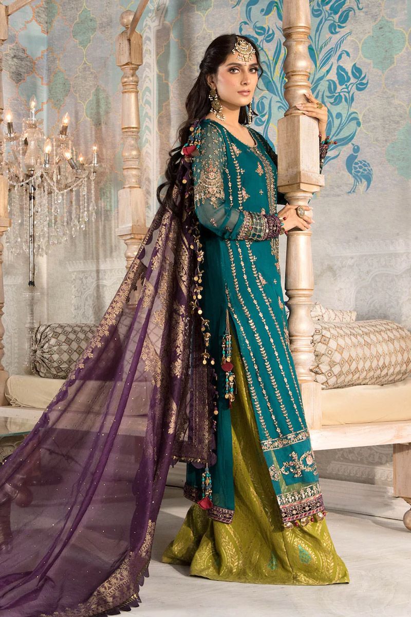 Maria B BD-2202 Style — Mairaz Teal, Olive & Purple Kameez & Trouser